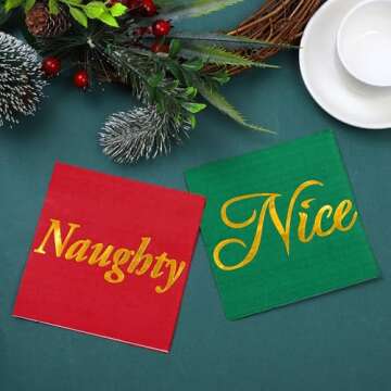 Aneco 60 Pack Naughty or Nice with Gold Foil Beverage Cocktail Napkins Red and Green Paper Napkins for Christmas Holidays Dinner Party Supplies with 2 Layers, 5 by 5 Inches