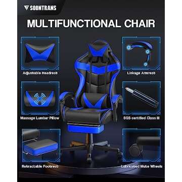 Soontrans Gaming Chair with Footrest,Gaming Computer Chair, Office Gaming Chair Ergonomic Gamer Chair with Height Adjustment,Headrest and Lumbar Support Gamer Chair(Storm Blue)