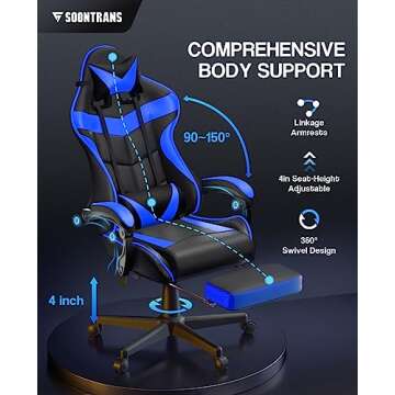 Soontrans Gaming Chair with Footrest,Gaming Computer Chair, Office Gaming Chair Ergonomic Gamer Chair with Height Adjustment,Headrest and Lumbar Support Gamer Chair(Storm Blue)