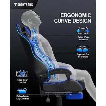 Soontrans Gaming Chair with Footrest,Gaming Computer Chair, Office Gaming Chair Ergonomic Gamer Chair with Height Adjustment,Headrest and Lumbar Support Gamer Chair(Storm Blue)