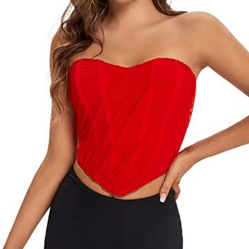 BBYDBY Corset Tops for Women Strapless Off Shoulder Zip Up Back Mesh Bustiers Red Medium