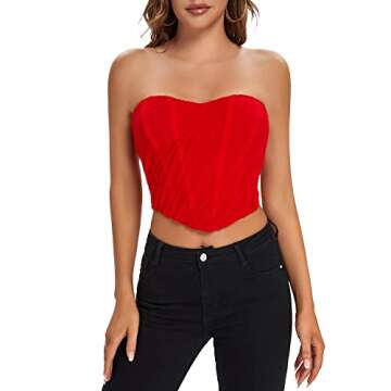 BBYDBY Corset Tops for Women Strapless Off Shoulder Zip Up Back Mesh Bustiers Red Medium