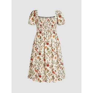 CIDER Plus Size Midi Dress Summer Fruit Patterned Square Neck Puff Sleeve Boho Vacation Casual Midi Dress for Curvy Women Ivory