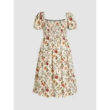 CIDER Plus Size Midi Dress Summer Fruit Patterned Square Neck Puff Sleeve Boho Vacation Casual Midi Dress for Curvy Women Ivory