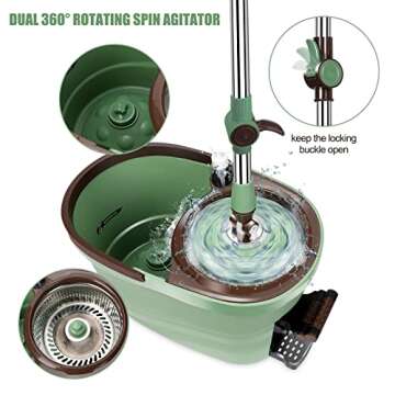 Nolopau Spin Mop and Bucket System with Wringer Set, Microfiber Spin Mop Easy Wring Foot Pedal, Stainless Steel Mop Handle and Detergent Dispenser for Floor Cleaning Hardwood, Kitchen and More
