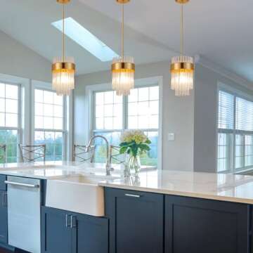 Dijiahua Pendant Lights Kitchen Island Gold 3 Pack,Crystal Pendant Light Fixtures Over Table, Mini Brass Dining Room 1-Light Chandelier,Modern Adjustable Cord Hanging Lamp for Bedroom,Sink