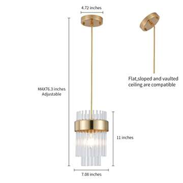 Dijiahua Pendant Lights Kitchen Island Gold 3 Pack,Crystal Pendant Light Fixtures Over Table, Mini Brass Dining Room 1-Light Chandelier,Modern Adjustable Cord Hanging Lamp for Bedroom,Sink