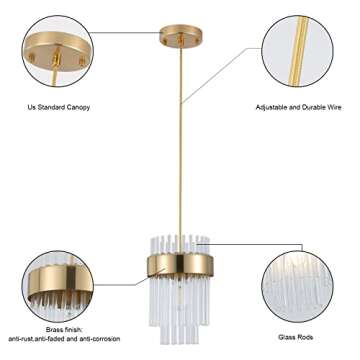 Dijiahua Pendant Lights Kitchen Island Gold 3 Pack,Crystal Pendant Light Fixtures Over Table, Mini Brass Dining Room 1-Light Chandelier,Modern Adjustable Cord Hanging Lamp for Bedroom,Sink