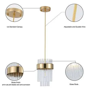 Dijiahua Pendant Lights Kitchen Island Gold 3 Pack,Crystal Pendant Light Fixtures Over Table, Mini Brass Dining Room 1-Light Chandelier,Modern Adjustable Cord Hanging Lamp for Bedroom,Sink