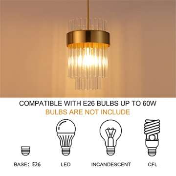 Dijiahua Pendant Lights Kitchen Island Gold 3 Pack,Crystal Pendant Light Fixtures Over Table, Mini Brass Dining Room 1-Light Chandelier,Modern Adjustable Cord Hanging Lamp for Bedroom,Sink