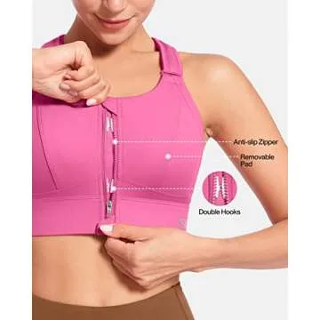 VFUS Sports Bras Adjustable Zip Front High Impact for Women Full Coverage Removable Padded Workout Running (Medium, Rose)