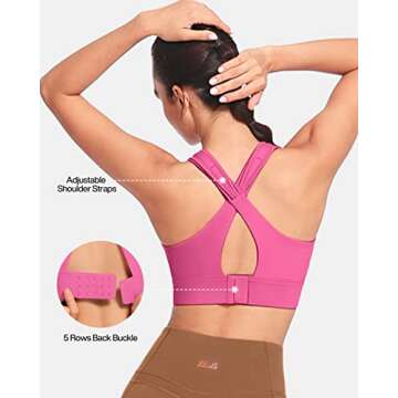 VFUS Sports Bras Adjustable Zip Front High Impact for Women Full Coverage Removable Padded Workout Running (Medium, Rose)