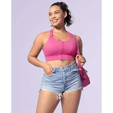 VFUS Sports Bras Adjustable Zip Front High Impact for Women Full Coverage Removable Padded Workout Running (Medium, Rose)