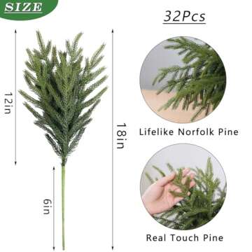 YXZZWL 32 Pcs Christmas Norfolk Pine Branches, 18 Inch Real Touch Artificial Norfolk Pine Branch Fau...
