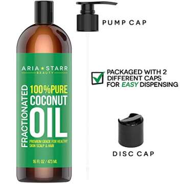 Aria Starr Fractionated Coconut Oil (16 OZ Pump) Carrier Oil For Essential Oils, 100% Pure Liquid Natural Odorless Moisturizer For Hair Skin Body, Aromatherapy, Massage, Makeup Remover