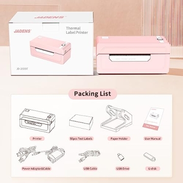 JADENS Bluetooth Thermal Label Printer 4x6, Pink Wireless Shipping Label Printer for Small Business & Packages, Compatible with iOS, Android, Mac, Windows, Amazon, Etsy, Ebay, Shopify