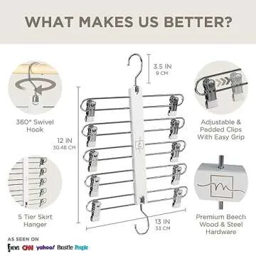 MORALVE Skirt Hangers Space Saving with Clips - 2 Pack - European Beechwood 5-Tier Hanger for Shorts...