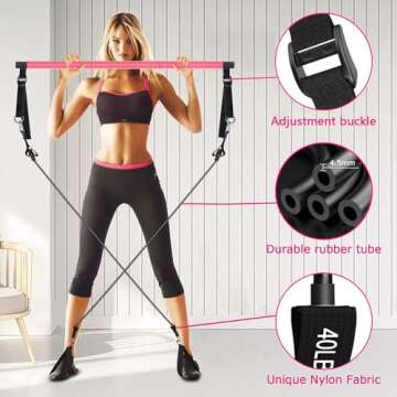 Pilates Bar Kit with Resistance Bands, Adjustable 3-Section Pilates Bar with Stackable Bands Workout Equipment for Legs,Hip,Waist and Arm Full Body Workouts Pilates (Pink(Adjustable,40/50lbs)