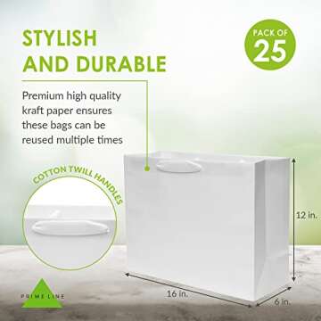 Prime Line Packaging 16x6x12 25 Pack Large White Gift Bags with Handles, Reusable Shopping Tote for Christmas, Holidays, Weddings, Thank you, Bulk