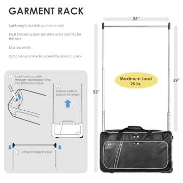 Travolution Dance Bag with Garment Rack, 24 Inch Rolling Duffel With Wheels, Ideal for Competitions & Travel, Easy-assembly Lightweight Aluminum Clothes Rack, Wheeled Upright Luggage, Black/Gray