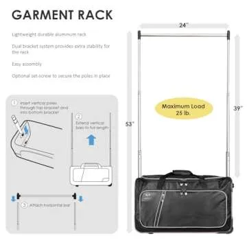 Travolution Dance Bag with Garment Rack, 24 Inch Rolling Duffel With Wheels, Ideal for Competitions & Travel, Easy-assembly Lightweight Aluminum Clothes Rack, Wheeled Upright Luggage, Black/Gray