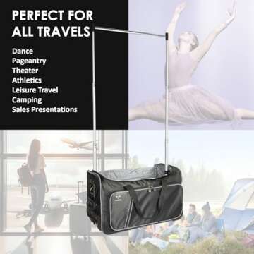 Travolution Dance Bag with Garment Rack, 24 Inch Rolling Duffel With Wheels, Ideal for Competitions & Travel, Easy-assembly Lightweight Aluminum Clothes Rack, Wheeled Upright Luggage, Black/Gray