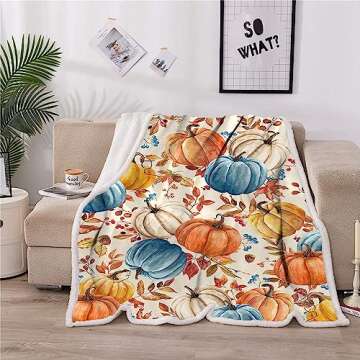 Fall Pumpkins Throw Blanket, Autumn Orange White Blue Pumpkins Leaves and Berries Soft Warm Fleece B...