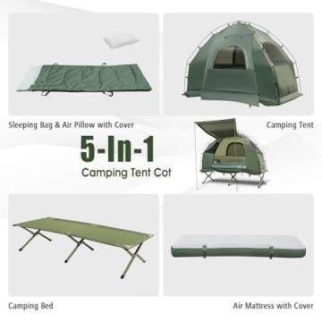Tangkula 5-in-1 Tent Cot, 1 Person Camping Tent Combo with Awning, Air Mattress, Sleeping Bag, Air Pillow, Elevated Single Cot with Carrying Bag for Outdoor Hiking, Picnic, Travel