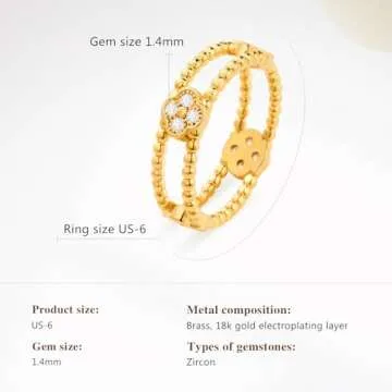 Cicy Bell Four Leaf Clover Rings for Women Trendy 18k Gold Plated Cubic Zirconia Beaded Double Statement Rings Good Luck Jewelry Gifts