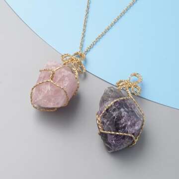 Shop LC Crystal Necklaces - Handmade Healing Amethyst & Rose Quartz Raw Gemstone Necklace Sets - 24"...