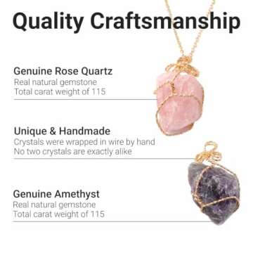 Shop LC Crystal Necklaces - Handmade Healing Amethyst & Rose Quartz Raw Gemstone Necklace Sets - 24" Necklace Length - Set of 2 Jewelry Birthday Gifts for Women