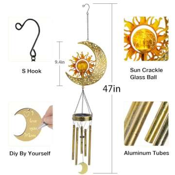 JYPS Sun Moon Solar Wind Chimes for Outside Crackle Glass Ball Waterproof Wind Chimes Outdoor Cleara...