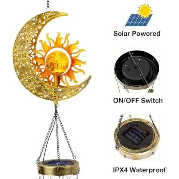 JYPS Sun Moon Solar Wind Chimes for Outside Crackle Glass Ball Waterproof Wind Chimes Outdoor Clearance Deep Tone Garden Decor Birthday Unique Gifts for Women Mom Grandma Windchimes Gardening