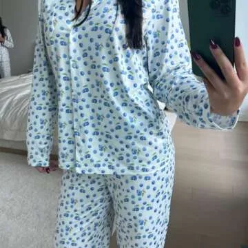 Argeousgor Women Y2k 2 Piece Pajamas Sets Floral Heart Long Sleeve Button Up Shirt Tops Pants Pjs Loungewear Sleepwear l Blue