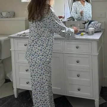 Argeousgor Women Y2k 2 Piece Pajamas Sets Floral Heart Long Sleeve Button Up Shirt Tops Pants Pjs Loungewear Sleepwear l Blue