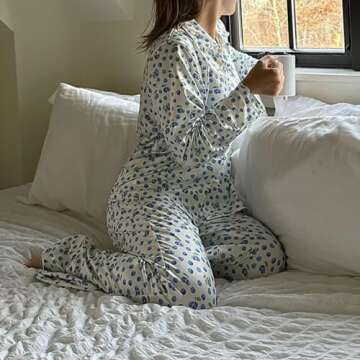 Argeousgor Women Y2k 2 Piece Pajamas Sets Floral Heart Long Sleeve Button Up Shirt Tops Pants Pjs Loungewear Sleepwear l Blue