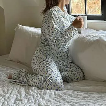 Argeousgor Women Y2k 2 Piece Pajamas Sets Floral Heart Long Sleeve Button Up Shirt Tops Pants Pjs Loungewear Sleepwear l Blue