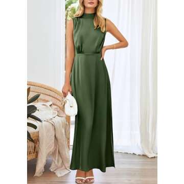 PRETTYGARDEN Women's Long Formal Satin Dress Mock Neck Sleeveless Side Slit Flowy Maxi Tank Dresses (Army Green,Medium)