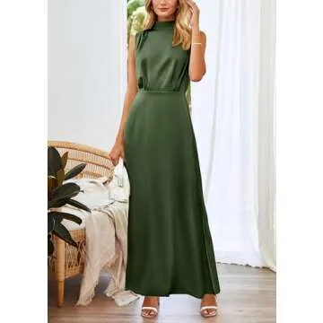 PRETTYGARDEN Women's Long Formal Satin Dress Mock Neck Sleeveless Side Slit Flowy Maxi Tank Dresses (Army Green,Medium)