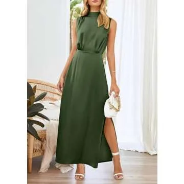 PRETTYGARDEN Women's Long Formal Satin Dress Mock Neck Sleeveless Side Slit Flowy Maxi Tank Dresses (Army Green,Medium)
