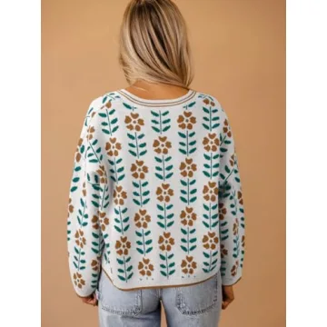 Saodimallsu Womens Floral Print V Neck Cardigan Open Front Button Down Knit Sweater Long Sleeve Loose Fashion Tops White