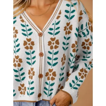 Saodimallsu Womens Floral Print V Neck Cardigan Open Front Button Down Knit Sweater Long Sleeve Loose Fashion Tops White