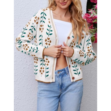 Saodimallsu Womens Floral Print V Neck Cardigan Open Front Button Down Knit Sweater Long Sleeve Loose Fashion Tops White