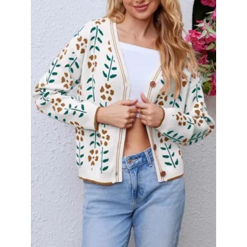 Saodimallsu Womens Floral Print V Neck Cardigan Open Front Button Down Knit Sweater Long Sleeve Loose Fashion Tops White