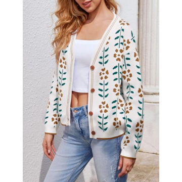 Saodimallsu Womens Floral Print V Neck Cardigan Open Front Button Down Knit Sweater Long Sleeve Loose Fashion Tops White