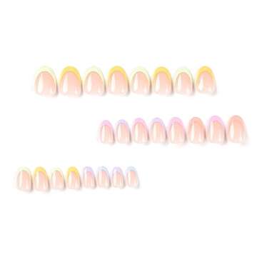 Summer Press on Nails,Short Almond False Nails Kit,Multicolor French Tip Fake Nails,Glossy Acrylic Artificial Nails for Women Daily Wear,Reusable Full Cover Stick on Nails Natural Glue on Nails 24Pcs
