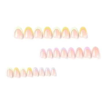 Summer Press on Nails,Short Almond False Nails Kit,Multicolor French Tip Fake Nails,Glossy Acrylic Artificial Nails for Women Daily Wear,Reusable Full Cover Stick on Nails Natural Glue on Nails 24Pcs