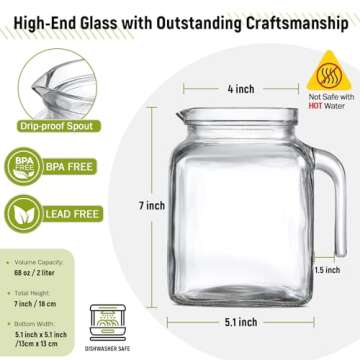 68 Oz Seal Pitcher With Lid and Spout, Large Iced Tea Pitcher for Fridge, Wide Mouth Glass Jar Conta...
