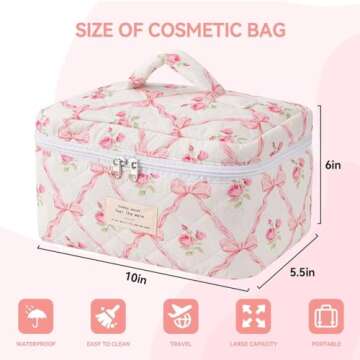 MZLUWM Large Travel Quilted Makeup Bag，Cute Bow Cotton cosmetic bag, Fashionable aesthetic makeup ...