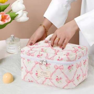 MZLUWM Large Travel Quilted Makeup Bag，Cute Bow Cotton cosmetic bag, Fashionable aesthetic makeup bag,Coquette Aesthetic Floral Travel Toiletry Bag for Women and Girls